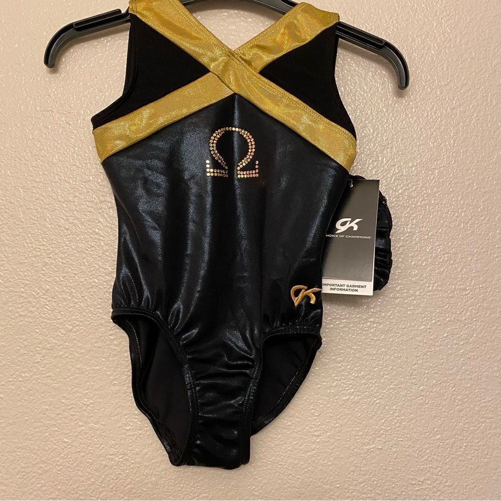 GK Elite gymnastics leotard black gold custom practice v neck omega child CM